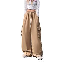 Hewlshawn Cargo Hose Baggy Y2K Vintage Gothic Hosen High Waist Gerade Boyfriend Aesthetic Harajuku Streetwear (Khaki,S) von Hewlshawn