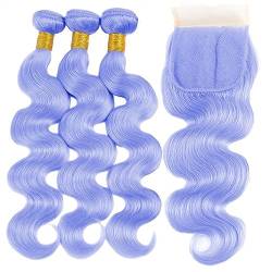 Haarbündel Hellviolett-blau gefärbte, gewellte Echthaar-Webart, 3 Bundles mit Frontal-Körperwelle, Echthaar-Bündel mit Verschluss, 3/4-Remy-Haar, brasilianische Haarwebart-Bündel Haarbündel Extensions von Hhmmei2024-23