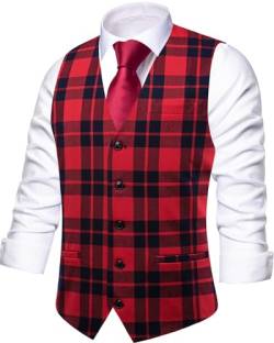 Hi-Tie Herren Anzug Weste Plaid Kariert V-Ausschnitt Einreiher Formale Business Hochzeit für Smoking Kleid Weste, Rot und Marineblau, X-Large von Hi-Tie