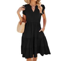 Damen Sommerkleid Elegant Kurzarm V-Ausschnitt Kleider Knielang Lose Solide Farbe Damenkleider Sommer Midi Strandkleid A Linie (DE/NL/SE/PL, Alphanumerisch, L, Regular, Regular, Schwarz) von Hicodbek