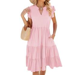 Damen Sommerkleid Elegant Kurzarm V-Ausschnitt Kleider Knielang Lose Solide Farbe Damenkleider Sommer Midi Strandkleid A Linie (DE/NL/SE/PL, Alphanumerisch, XXL, Regular, Regular, Rosa) von Hicodbek