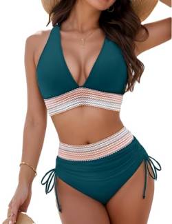 Hicodbek Sommer Bikini Damen Set Sexy Badeanzug Bademode Hohe Taille Farbblock Zweiteiliger Kordelzug Badeanzüge Bikinis für Frauen Badebekleidung Bandeau (Dunkelgrün,XL) von Hicodbek