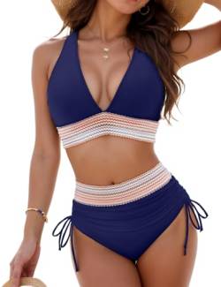 Hicodbek Bikini Damen Set Zweiteilig Badeanzug Hohe Taille Kordelzug Bademode Badeanzüge Bikinis für Frauen Mädchen Badebekleidung Bandeau (Marineblau,M) von Hicodbek