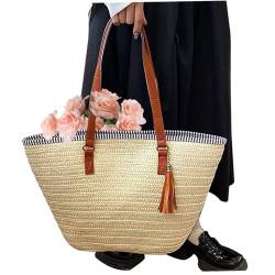 Strohstrandtasche Frauenstrohhandtaschen Große gewebte Sommerbeutel Schulter Tasche mit Reißverschluss und Schultergurt zum Einkaufen, Totes von Hilai