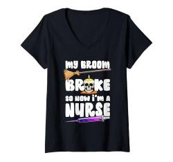 Damen Mein Besen ist kaputt, also bin ich jetzt eine Krankenschwester, lustige Halloween-RN, Damen T-Shirt mit V-Ausschnitt von Hilarious Halloween Party Outfits