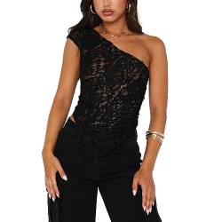 Himllauen Damen Lace Top Ärmellos One-Shoulder Durchsichtig Rückenfrei Tops Unregelmäßiger Saum Sexy Elegant Oberteile (Schwarz, L) von Himllauen