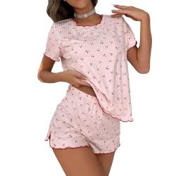 Himllauen Damen Lounge Set Kurz Pyjama T-Shirt Top Shorts Zweiteiler Outfit Sommer Elegant Sexy Schlafanzug Y2k Clothes (DE/NL/SE/PL, Alphanumerisch, M, Regular, Regular, D Rosa) von Himllauen