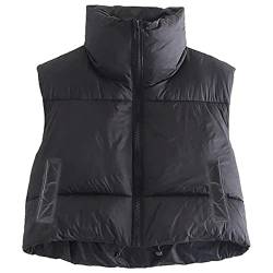 Himllauen Damen Weste Kurz Stehkragen Zipper Ärmellose Steppweste Herbst Winter Warm Puffer Weste Daunenweste (C Schwarz mit Taschen, L) von Himllauen