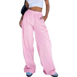 Himllauen Damen Y2k Hose Freizeithose Gestreifte Baggy Hose Bequeme Hosen Leichte Sommerhose Jogginghose Pyjamahose (D Rosa, S) von Himllauen