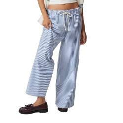 Himllauen Damen Y2k Hose Freizeithose Gestreifte Baggy Hose Bequeme Hosen Leichte Sommerhose Jogginghose Pyjamahose (E Hellblau (Breitere Streifen mit Kordelzug), S) von Himllauen