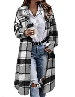 Himosyber Damen Casual Plaid Revers Wolle Knopfleiste Taschen Lange Shacket Mantel, #1grau, L von Himosyber