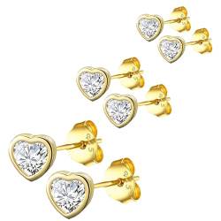 HinDaLi 3 Paar Ohrringe Sterling Silber 925 Stecker für Damen Mädchen Ohrringe Diamant Gold Ohrstecker Herz Knorpel Ohrringe Damen Ohrringe Herz Hypoallergen Ohrringe Gold Set Ohrstecker Damen von HinDaLi