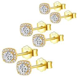 HinDaLi 3 Paar Quadratische Ohrringe Silber 925 für Damen Herren Mädchen Quadratische Ohrstecker Gold Ohrringe Damen Klein Ohrringe Diamant Damen Ohrstecker Frauen Ohrringe aus Gold Stecker 5 6 7MM von HinDaLi