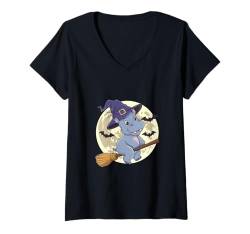 Damen Halloween Magie mit Moo Deng der Nilpferd Hexe T-Shirt mit V-Ausschnitt von HippoWeen Treats