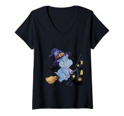 Damen Moo Deng die Nilpferd-Hexe schwebt durch die Nacht T-Shirt mit V-Ausschnitt von HippoWeen Treats