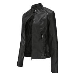 Hiser Kunstlederjacke Damen, Herbst und Winter Kurze Jacke Casual PU Lederjacke Bikerjacke mit Reißverschluss und Tasche (Schwarz,M) von Hiser