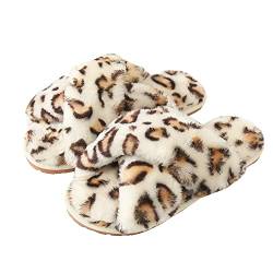 Hitopteu Hausschuhe Damen Plüsch Winter Flauschig Pantoffeln Warm Bequeme Slippers Offener Zeh Haus Kuschelig Hausschuhe für Damen Leopard Weiß EU 27/28 für Etikettengröße 28/29 von Hitopteu