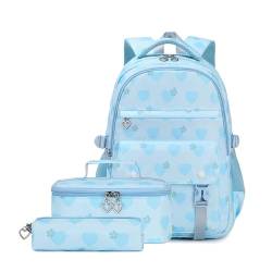 Hixingo Schulrucksack Mädchen Teenager Damen Schultasche Rucksack Set, Schulranzen für Jungen Mädchen Schule Reise Freizeit mit Lunchpaket Tasche und Mäppchen (Blaue Herzen) von Hixingo