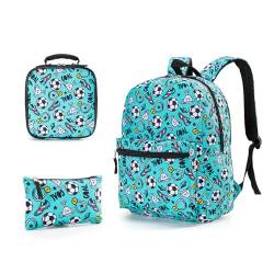 Hixingo Schulrucksack Mädchen Teenager Damen Schultasche Rucksack Set, Schulranzen für Jungen Mädchen Schule Reise Freizeit mit Lunchpaket Tasche und Mäppchen (Blauer Fußball,40 * 28 * 13cm) von Hixingo