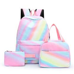 Hixingo Schulrucksack Mädchen Teenager Damen Schultasche Rucksack Set, Schulranzen für Jungen Mädchen Schule Reise Freizeit mit Lunchpaket Tasche und Mäppchen (Regenbogenfarben) von Hixingo