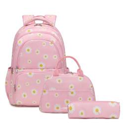 Hixingo Schulrucksack Mädchen Teenager Damen Schultasche Rucksack Set, Schulranzen für Jungen Mädchen Schule Reise Freizeit mit Lunchpaket Tasche und Mäppchen (Rosa,29cm*16cm*42cm) von Hixingo