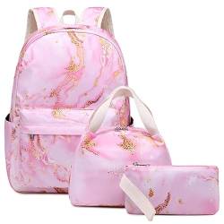 Hixingo Schulrucksack Mädchen Teenager Damen Schultasche Rucksack Set, Schulranzen für Jungen Mädchen Schule Reise Freizeit mit Lunchpaket Tasche und Mäppchen (Rosa,30cm*15cm*42cm) von Hixingo