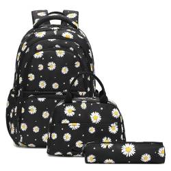 Hixingo Schulrucksack Mädchen Teenager Damen Schultasche Rucksack Set, Schulranzen für Jungen Mädchen Schule Reise Freizeit mit Lunchpaket Tasche und Mäppchen (Schwarz,29cm*16cm*42cm) von Hixingo