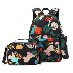 Hixingo Schulrucksack Mädchen Teenager Damen Schultasche Rucksack Set, Schulranzen für Jungen Mädchen Schule Reise Freizeit mit Lunchpaket Tasche und Mäppchen (Schwarze Blätter) von Hixingo