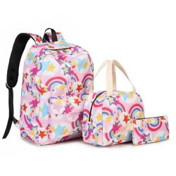 Hixingo Schulrucksack Mädchen Teenager Damen Schultasche Rucksack Set, Schulranzen für Jungen Mädchen Schule Reise Freizeit mit Lunchpaket Tasche und Mäppchen (Sterne Regenbogen) von Hixingo