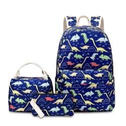 Hixingo Schulrucksack Mädchen Teenager Damen Schultasche Rucksack Set, Schulranzen für Jungen Mädchen Schule Reise Freizeit mit Lunchpaket Tasche und Mäppchen - Dinosaurier Muster (Blau) von Hixingo