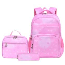 Hixingo Schulrucksack Mädchen Teenager Damen Schultasche Rucksack Set, Schulranzen für Jungen Mädchen Schule Reise Freizeit mit Lunchpaket Tasche und Mäppchen - Frisches Muster (Rosa) von Hixingo