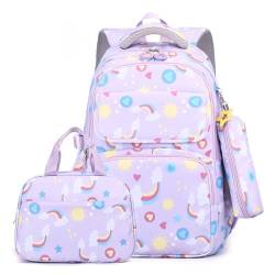 Hixingo Schulrucksack Mädchen Teenager Damen Schultasche Rucksack Set, Schulranzen für Mädchen Jungen Schule Reise Freizeit mit Lunchpaket Tasche und Mäppchen (lila Regenbogen) von Hixingo