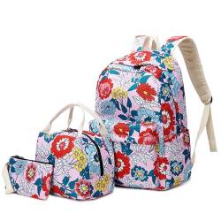 Hixingo Schulrucksack Mädchen Teenager Damen Schultasche Rucksack Set Drucken, Schulranzen für Jungen Mädchen Schule Reise Freizeit mit Lunchpaket Tasche und Mäppchen (Rosa Blüten) von Hixingo