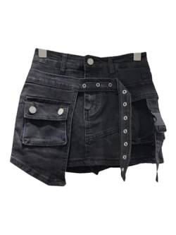 Hndudnff Damen-Jeansrock, hohe Taille, Patchwork, 2 Stück, asymmetrischer Gürtel, kurze Cargo-Mini-Röcke, Schwarz , 44 von Hndudnff