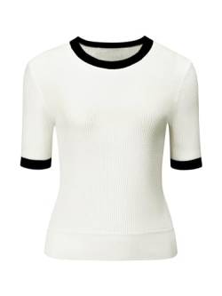 Hobemty Damen Kurzarm Bluse Tailliert Strickoberteil Rundhalsausschnitt Kontrastfarbe Top Weiß M von Hobemty