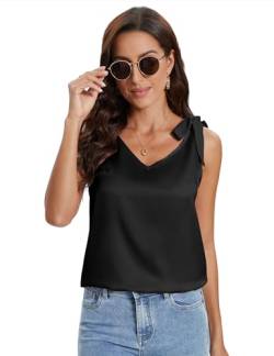 Tank Top Damen Ärmellos Sommer Oberteile V-Ausschnitt Tanktops Satin Elegante Blusentop Basic Frauen Sexy Vest Top Cami Strap Women Blusen Weste Shirts(Schwarz,XXL von Hobrounn