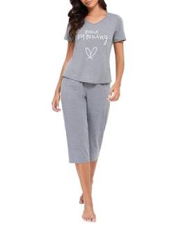 Hobrounn Damen Schlafanzug Capri Sommer Kurzarm Pyjama Set mit 3/4 Hose Lang Sleepshirt Zweiteiliger, Schwarz, XXL von Hobrounn