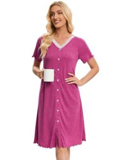 Hobrounn Nachthemd Damen Nachtwäsche Baumwolle 2024 Kurzarm Schlafkleid Sommer Schlafshirt Schlafhemd Nachthemden Nachtkleid Frau Negligee T-Shirt Sleepshirt Mit Knopfleiste und Rüschen(Rot,XL) von Hobrounn