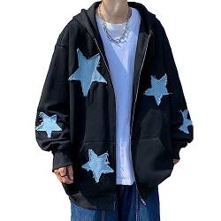 Frauen Y2K Zip Up Hoodie Star Print Übergroße Sweatshirts Fairy Grunge Grafik Kapuzenjacke Harajuku Ästhetische E-Girls Streetwear, Schwarz , 46 von HodJIU