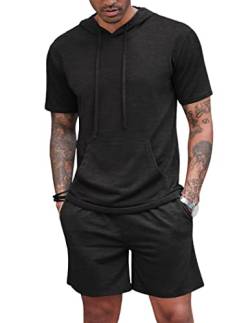 Herren Trainingsanzug 2 Stück Hooded Athletic Sweatsuit Kurzarm Casual Sport Hoodie Shorts Set Pullover Jogger, Schwarz , XL von Hoefirm