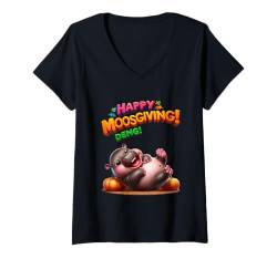 Damen Fröhliches MoosGiving! DENG! Lustiges Moo Deng Baby Nilpferd Thanksgiving T-Shirt mit V-Ausschnitt von Holiday MOO DENG Bouncy Pork Thai Baby Pygmy Hippo