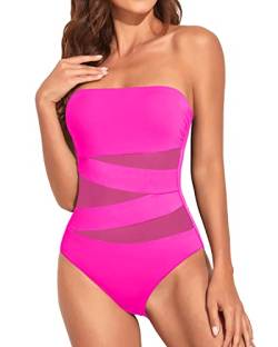 Holipick Trägerloser Bandeau-Badeanzug, einteilig, sexy Netz-Ausschnitt, Bauchkontrolle, Badebekleidung, Hot Pink 1, S von Holipick