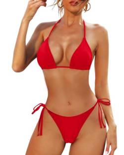 Holipick Seitlicher Bikini, zweiteiliger Badeanzug für Frauen, Neckholder, Push-Up-Badeanzug, sexy String-Bikini, frecher Triangel-Bikini, rot, Medium von Holipick