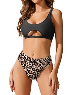 Holipick Zweiteiliges Bikini-Set für Damen, Unterbrust-Bikini, sexy Push-Up-Badeanzug, hohe Taille, freche Bademode, Leopard, Large von Holipick