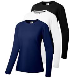 Damen Baumwolle Langarm T-Shirts Rundhalsshirt Classic-Fit Hemd Weiche Atmungsaktive Casual Tee Mode Basic Tops Schwarz/Weiß/Navy-02-M von Holure