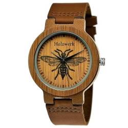 Holzwerk Germany Handgefertigte Designer Damen-Uhr Herren-Uhr Öko Natur Holz-Uhr Leder Armband-Uhr Save The Bees Analog Klassisch Quarz-Uhr Braun mit Bienen Bienchen Bee Natur Motiv Limitiert von Holzwerk Germany