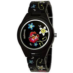 Holzwerk Germany Handgefertigte Designer Damen-Uhr Öko Natur Holz-Uhr Armband-Uhr Analog Klassisch Quarz-Uhr mit Sonnenblumen Blumen Blümchen Rosen Motiv Schwarz Braun Limitiert von Holzwerk Germany