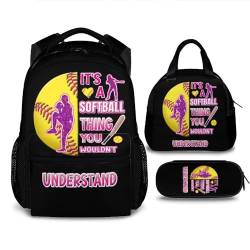 Homexzdiy Kinder-Rucksack mit Lunchbox-Set, 3-in-1-Softball-Schulrucksäcke, passende Kombination für Jungen und Mädchen, coole schwarze Büchertasche und Federmäppchen von Homexzdiy