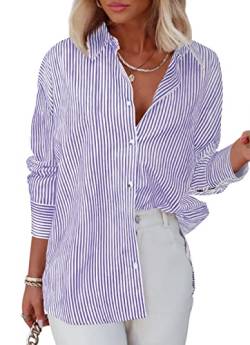 Homlan Bluse Damen Langarm Streifen Business Casual Oberteil V-Ausschnitt Arbeit Hemd Locker Knöpfleiste Hemdbluse (8230Medium, Violett) von Homlan