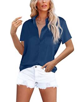 Homlan Damen Bluse Elegant V-Ausschnitt Satin Kurzarm Casual Oberteile Locker Hemd Einfarbig Lose Kurzarmshirt Mit Brusttasche (8228Small, Blau) von Homlan